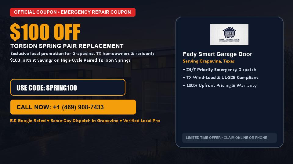$100 OFF Dual High-Cycle Torsion Spring Replacement in Grapevine, TX - Fady Smart Garage Door